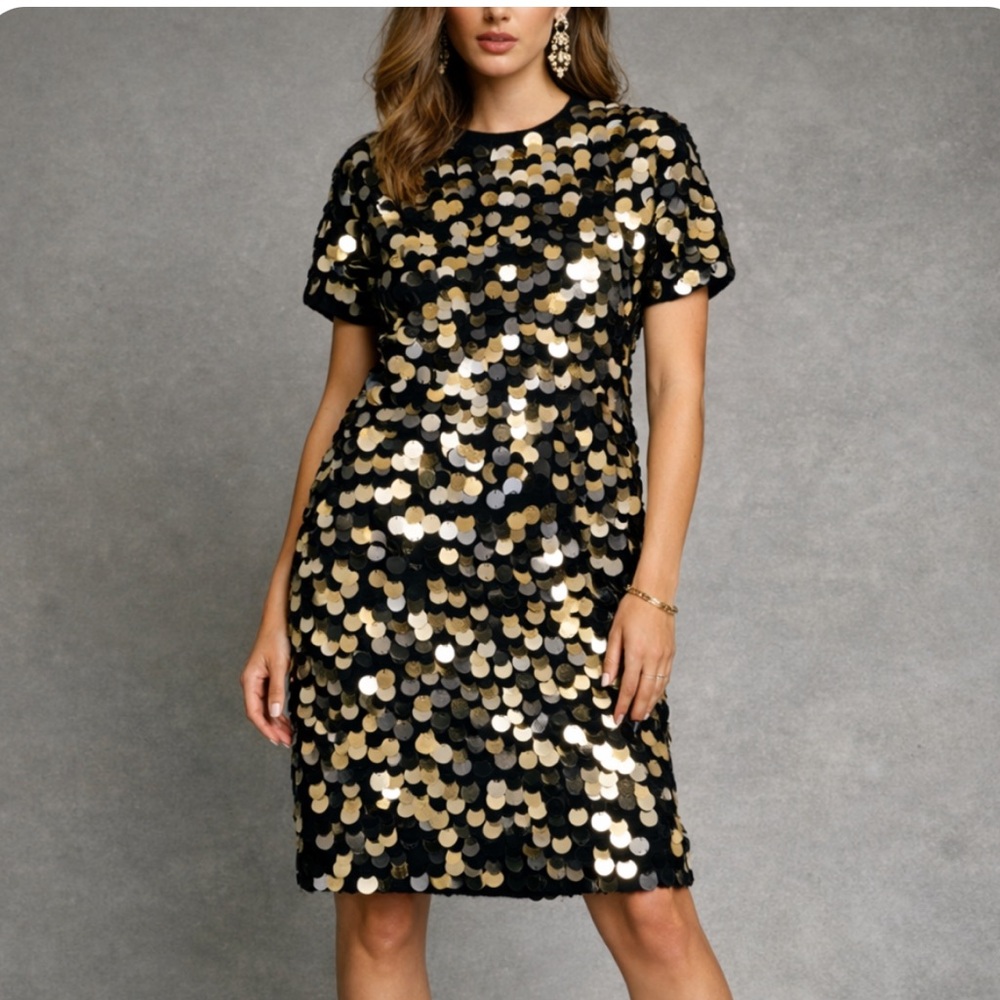 Rachel Zoe Black and Gold Sequin Midi Dress